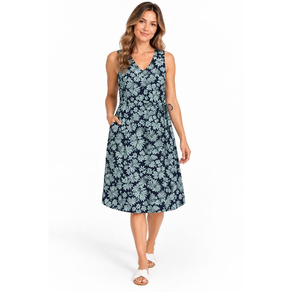 Duluth Trading Co Womens Large Navy Blue Tropical Floral Sleeveless Shift Dress
